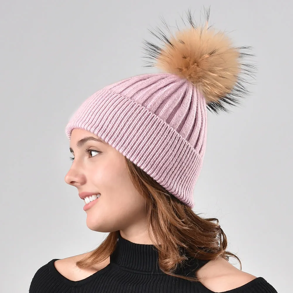 FURTALK Women Winter Real Fur Pom Pom Hat  Drop Shipping  A052