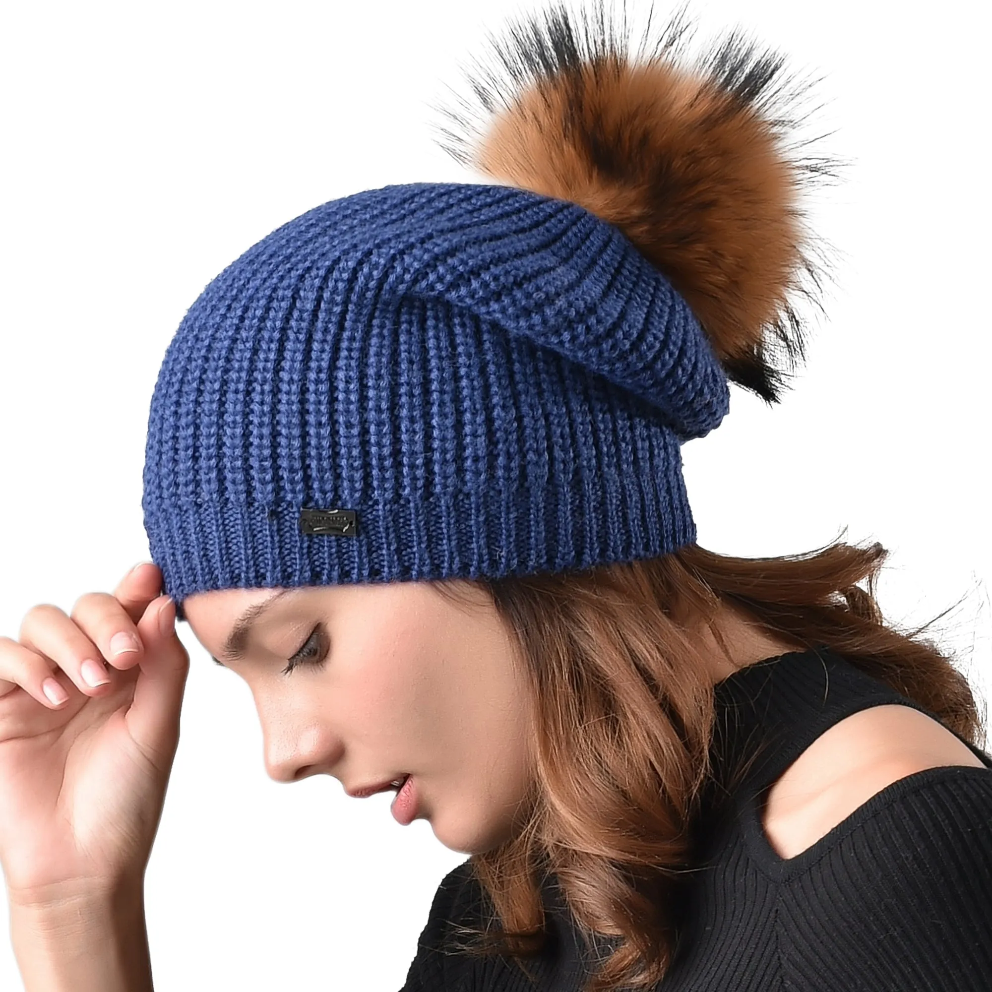 FURTALK Women Winter Real Fur  Slouchy Pompom Hat Drop Shipping  AD009