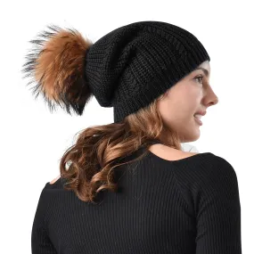 FURTALK Women Winter Real Fur  Slouchy Pompom Hat Drop Shipping  AD009