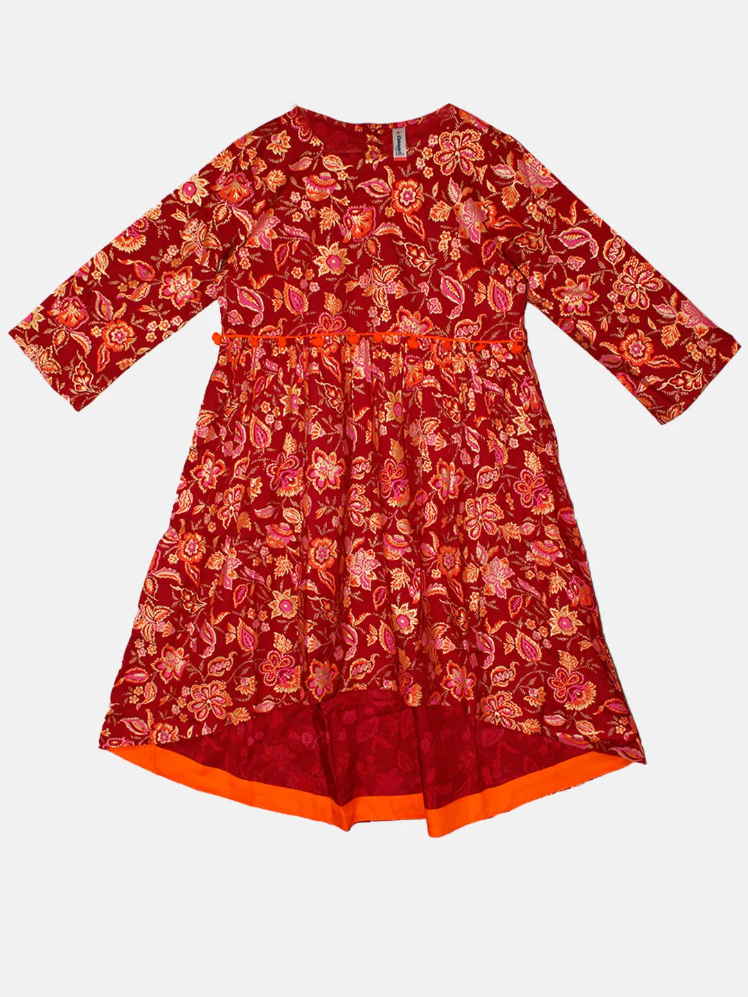 Girls Asymmetric Hem 3/4th Sleeve Kurta With Motif Print design & Solid Legging Set