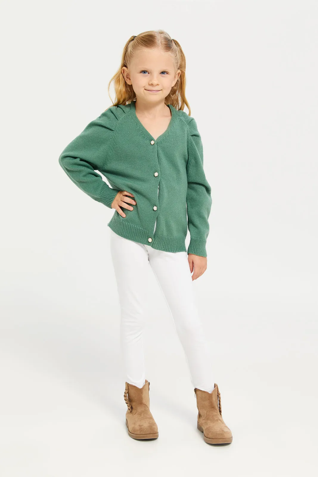 Girls Green Cardigan Sweater