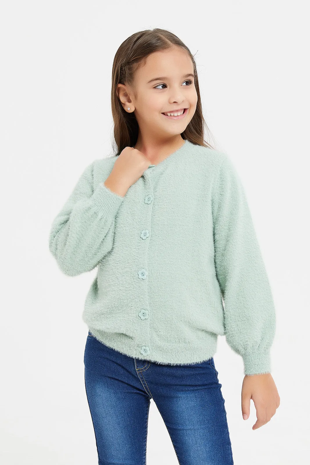 Girls Mint Front Button Cardigan