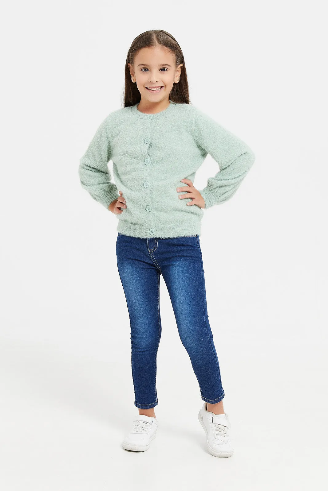 Girls Mint Front Button Cardigan