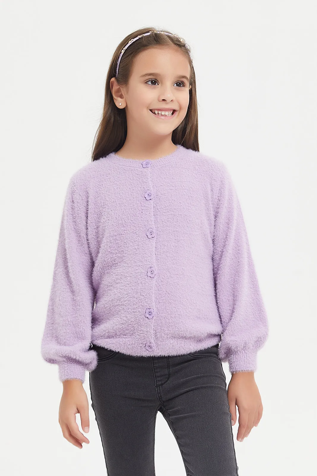 Girls Purple Feather Yarn Cardigan