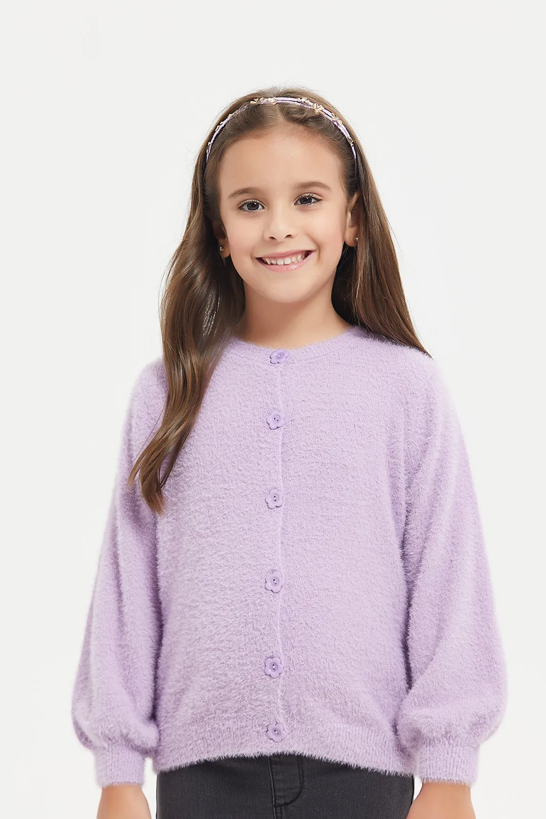 Girls Purple Feather Yarn Cardigan