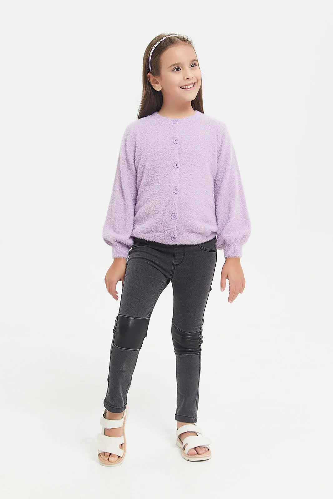 Girls Purple Feather Yarn Cardigan