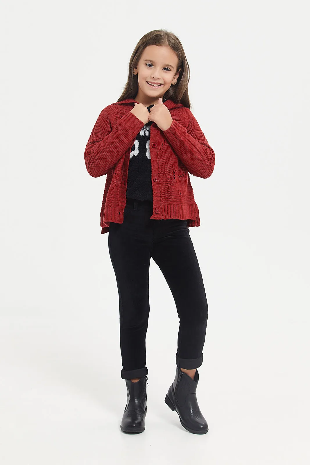 Girls Red Button Front Cardigan