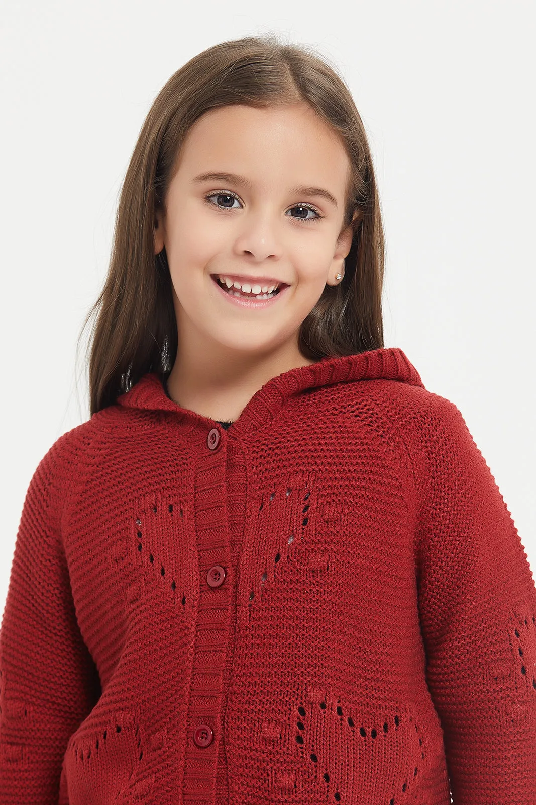 Girls Red Button Front Cardigan