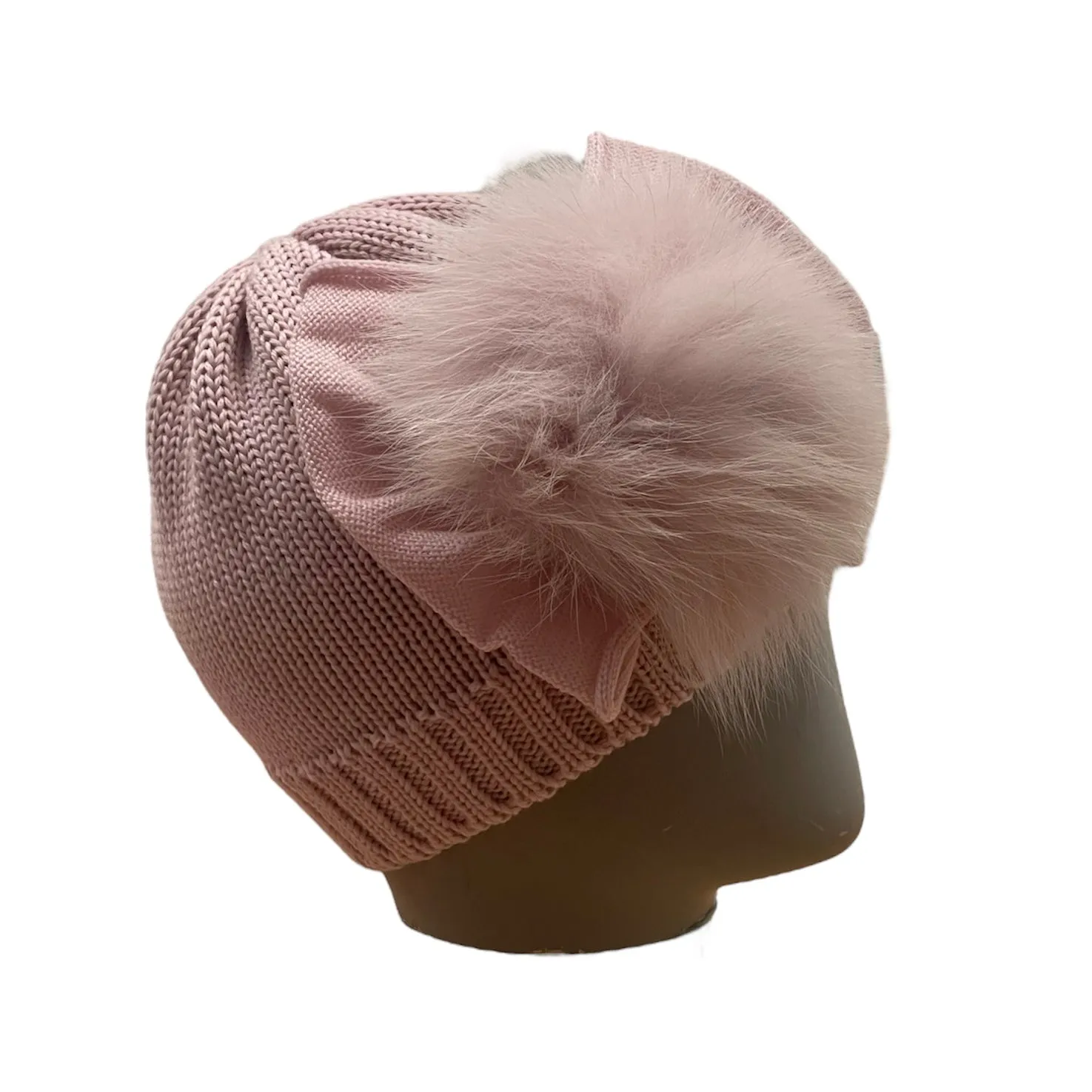 Girls Rose Pink Marino Wool Hat With Fur Pom & Bow