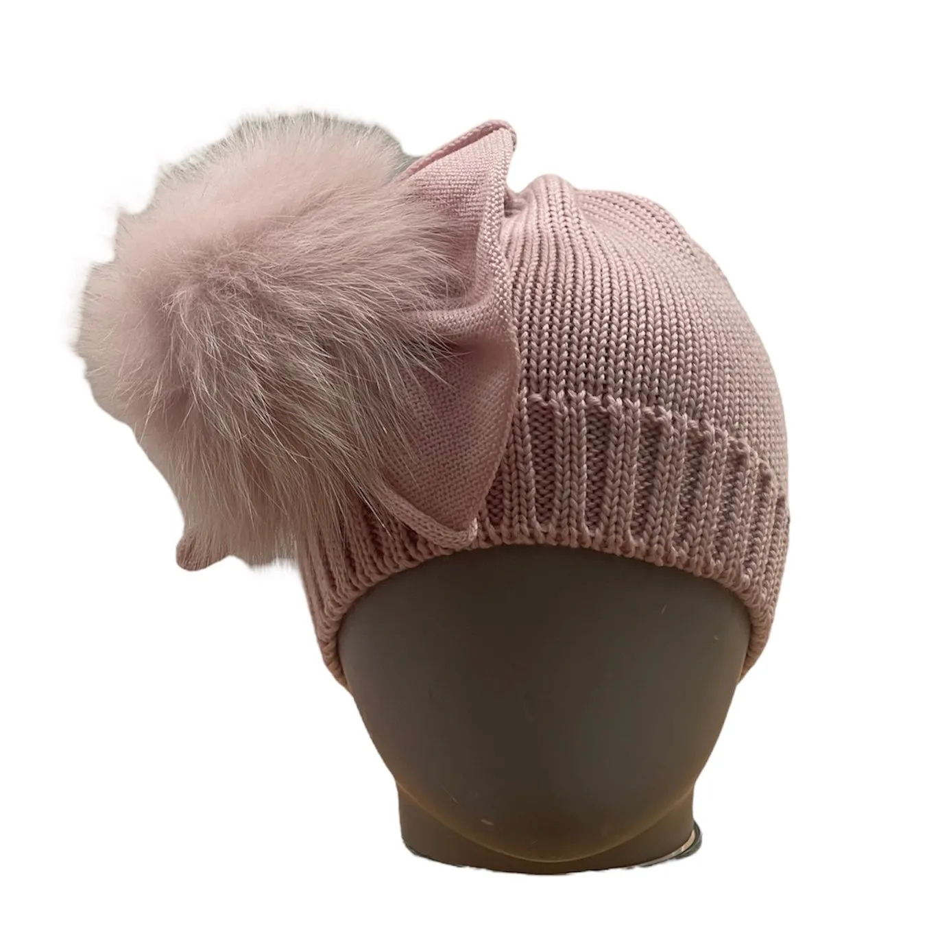 Girls Rose Pink Marino Wool Hat With Fur Pom & Bow