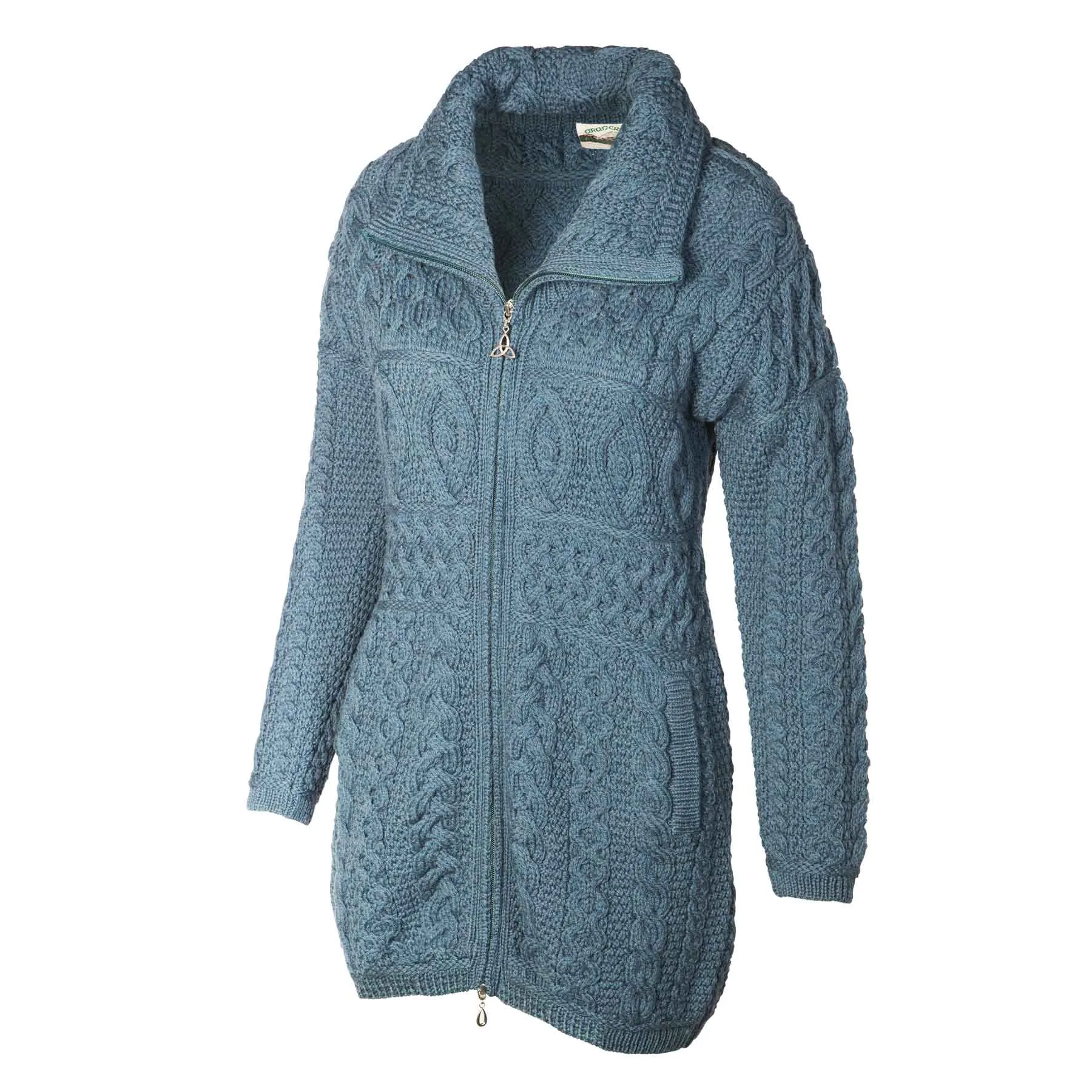 Glendalough Double Collar Zip Up Aran Knit Coat- Peacock