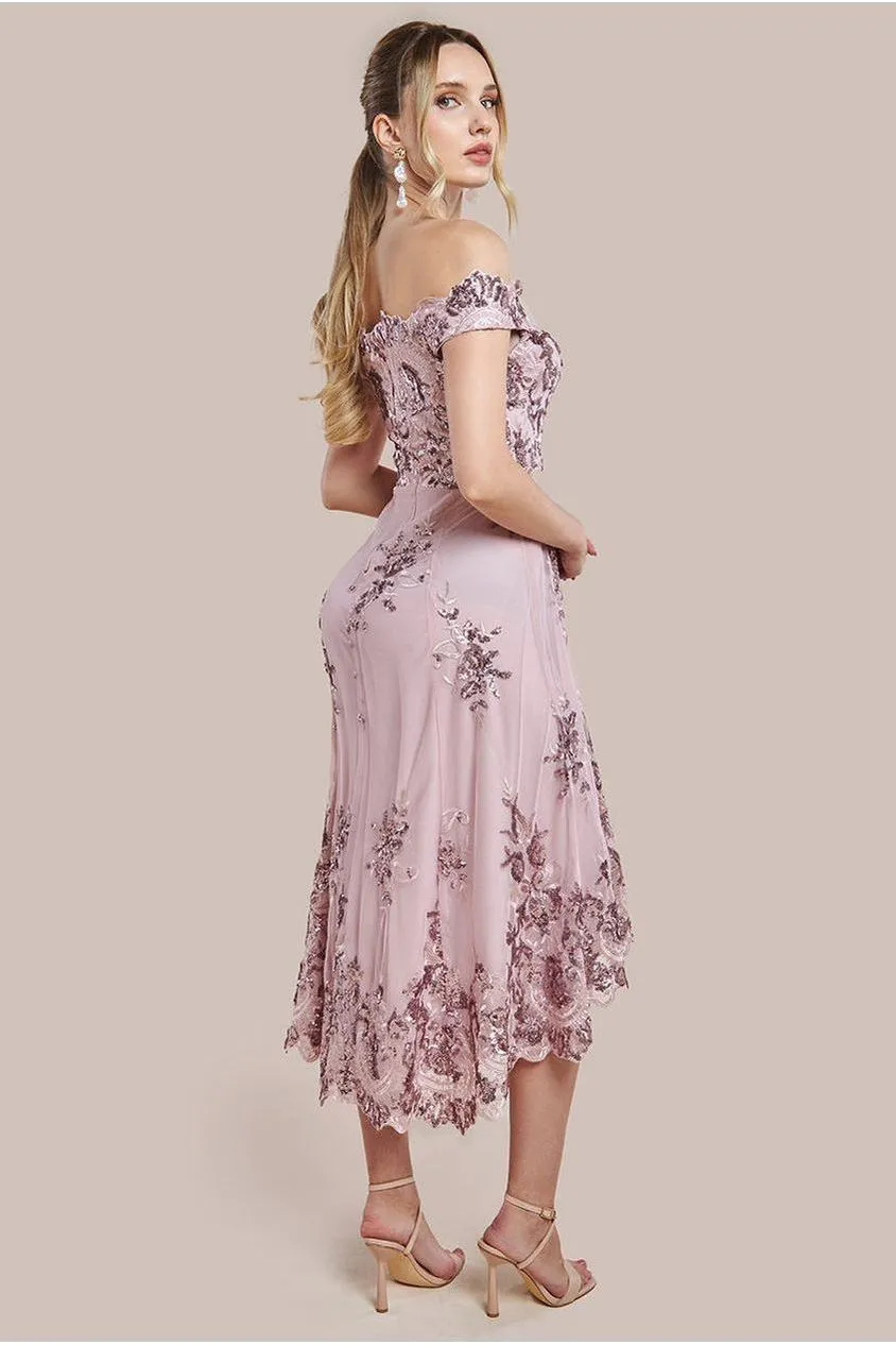 Goddiva Bardot Sequin & Lace High Low Midi - Blush