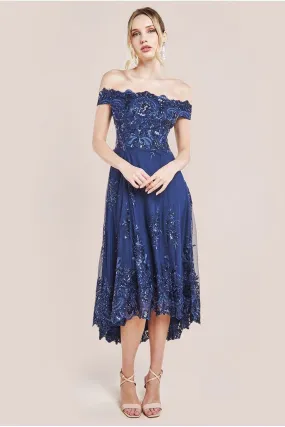 Goddiva Bardot Sequin & Lace High Low Midi - Navy