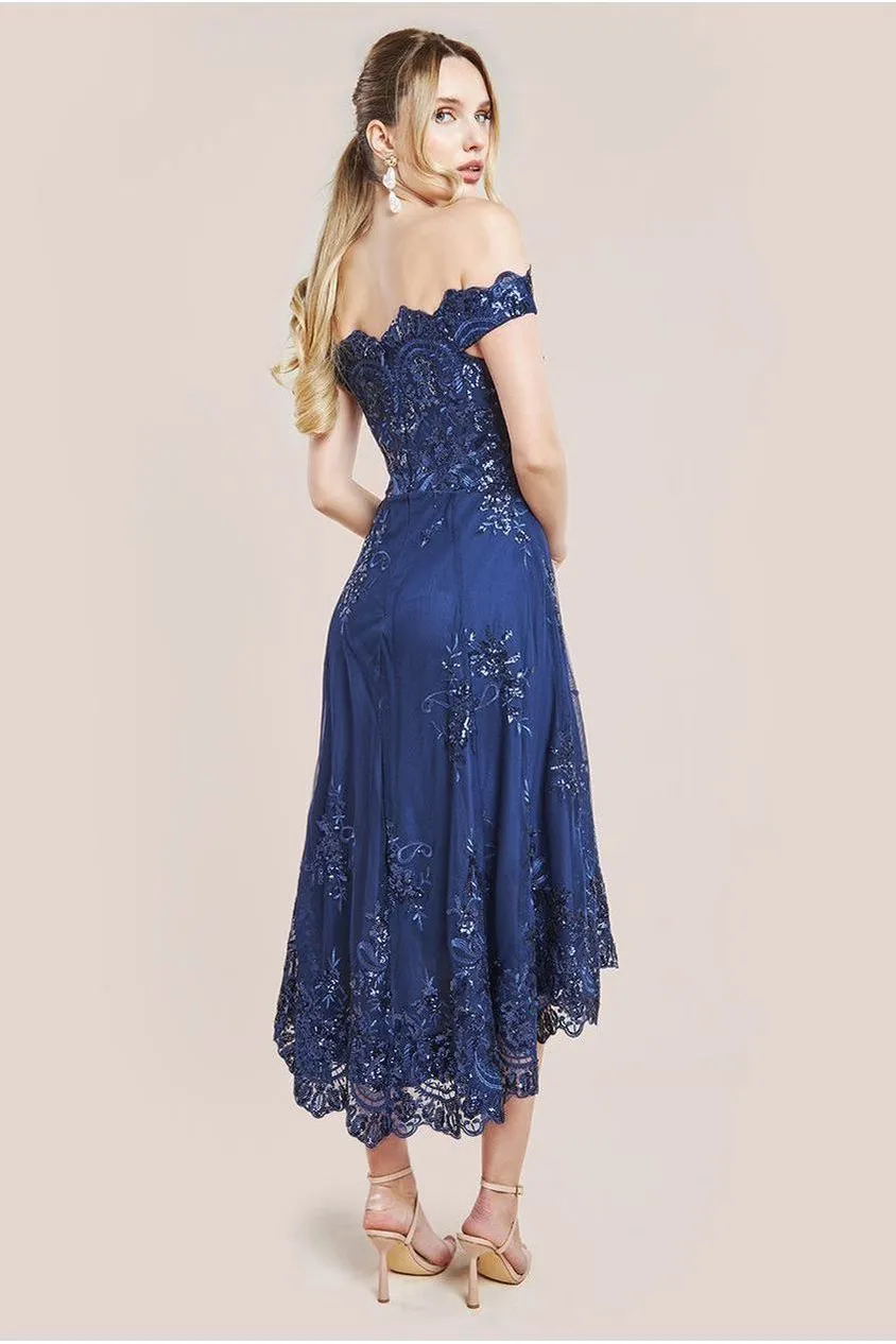 Goddiva Bardot Sequin & Lace High Low Midi - Navy