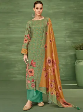 Green Unstitched Printed Pashmina Winter Suit Dress Material for Women