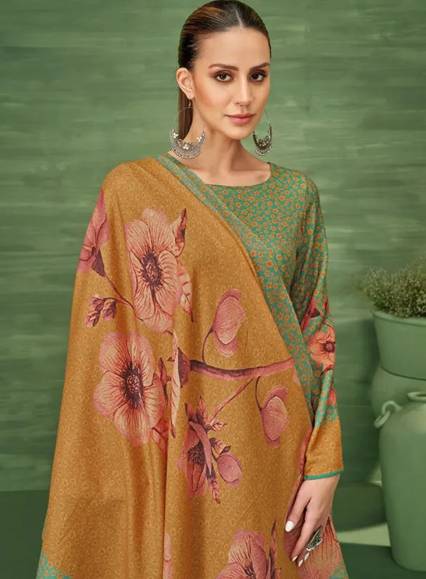 Green Unstitched Printed Pashmina Winter Suit Dress Material for Women