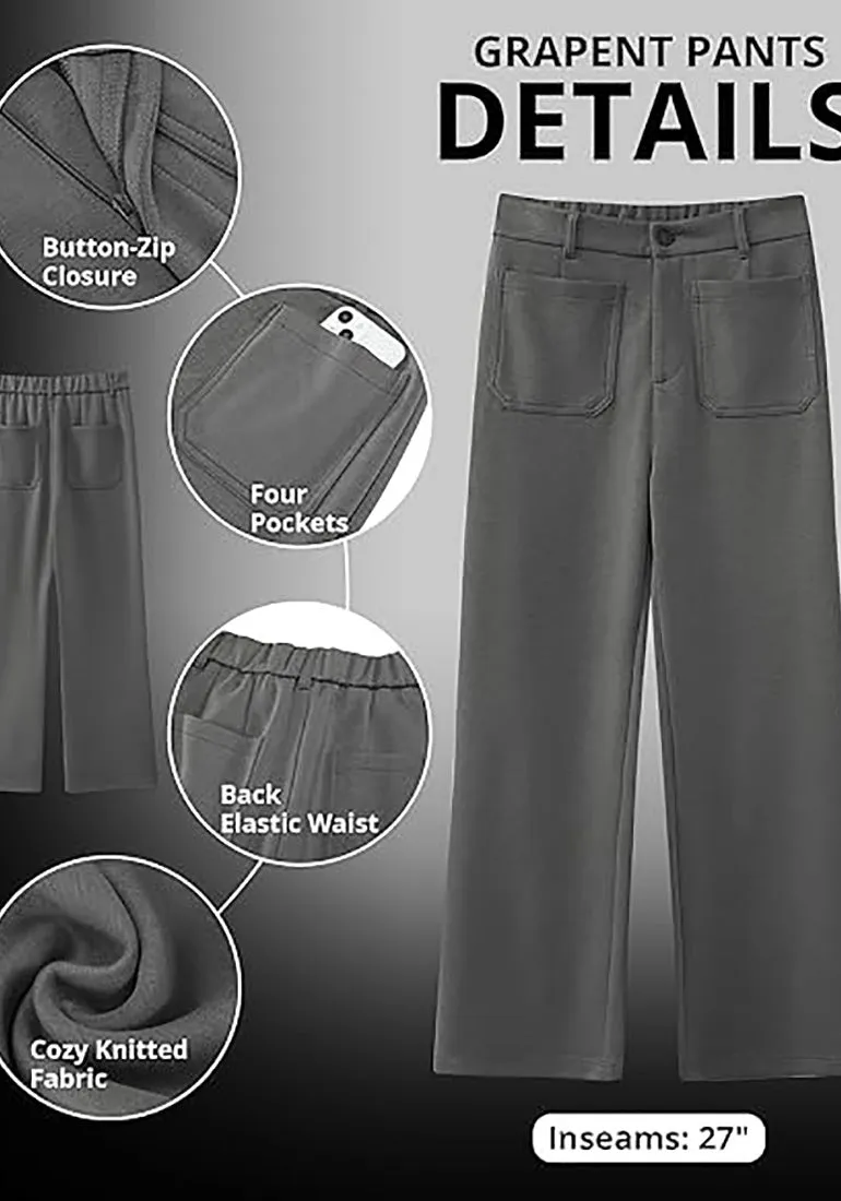 Grey Women's  High Waist Relaxed Fit Wide Leg Cropped Length Style Casual Pants With Pockets