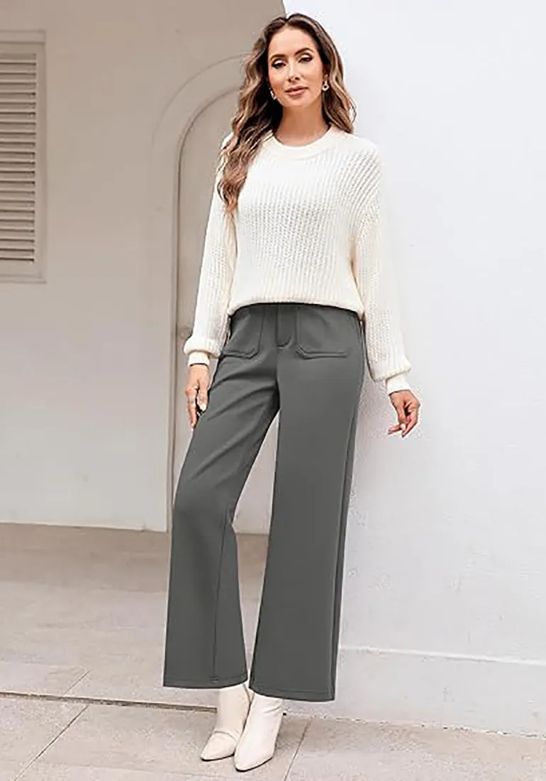 Grey Women's  High Waist Relaxed Fit Wide Leg Cropped Length Style Casual Pants With Pockets