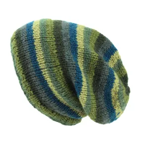 Hand Knitted Baggy Slouch Beanie Hat - Stripe Green Blue