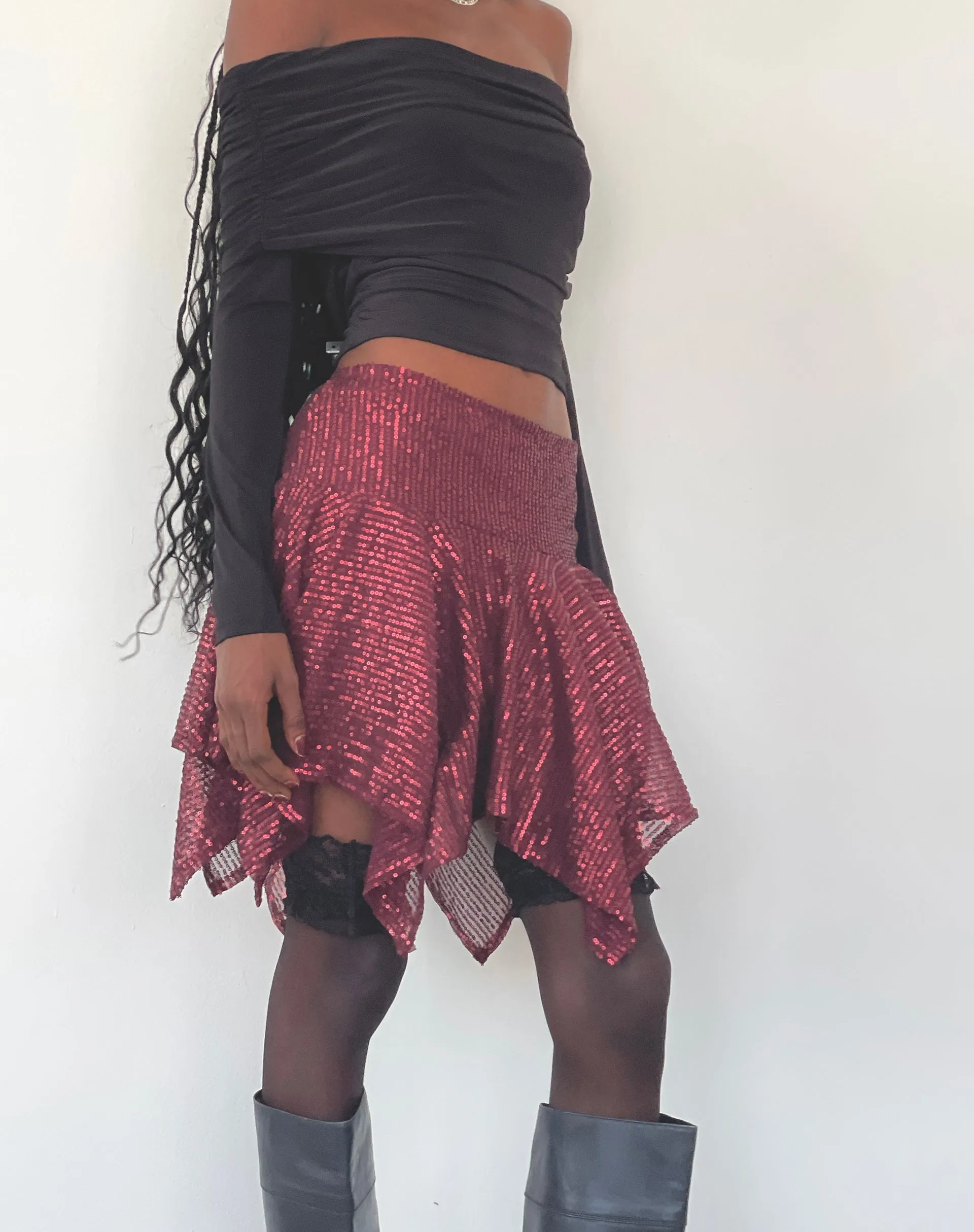 Helga Waterfall Mini Skirt in Sequin Burgundy