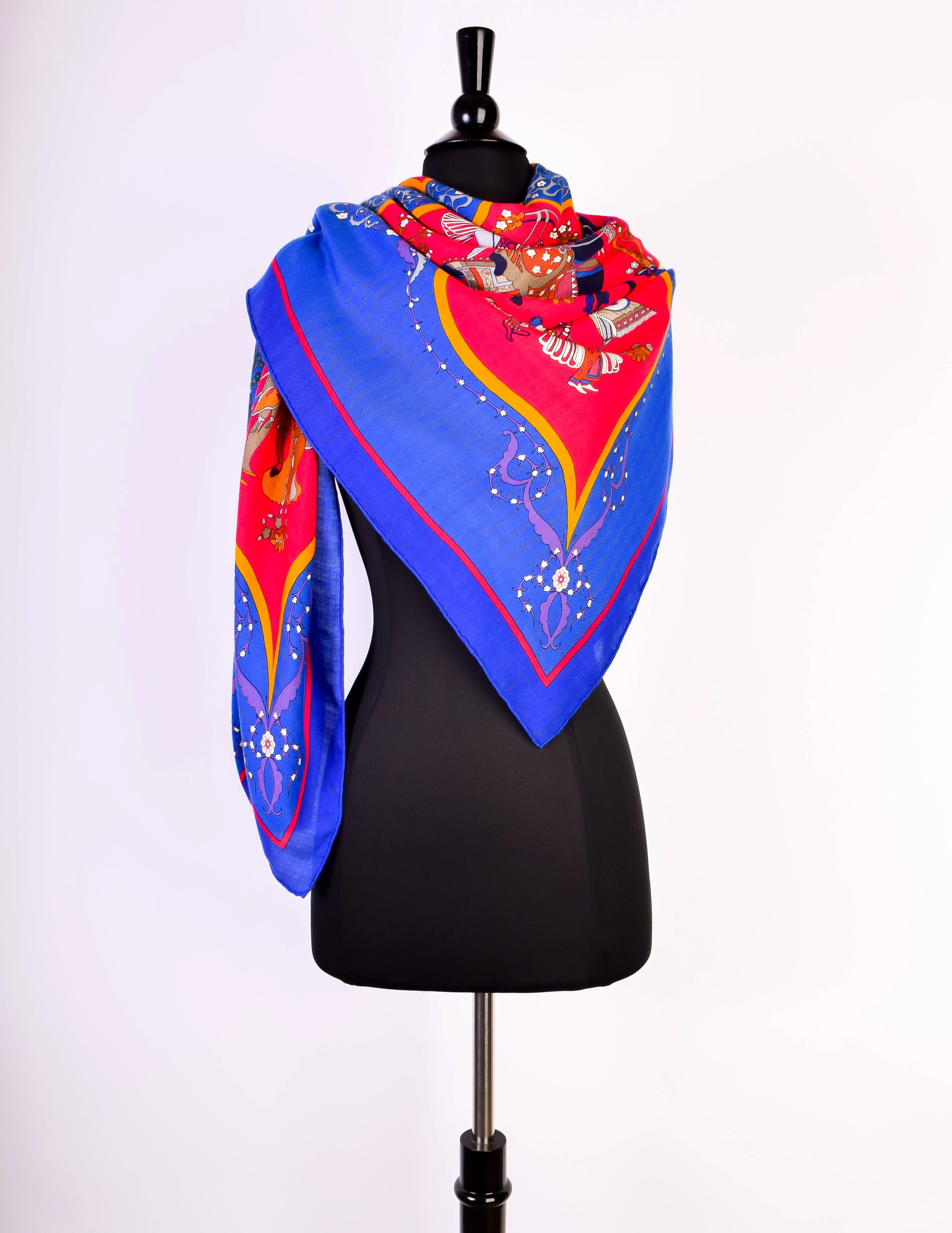 Hermes Vintage Poesie Persane Blue Red Massive Cashmere Silk Scarf Shawl