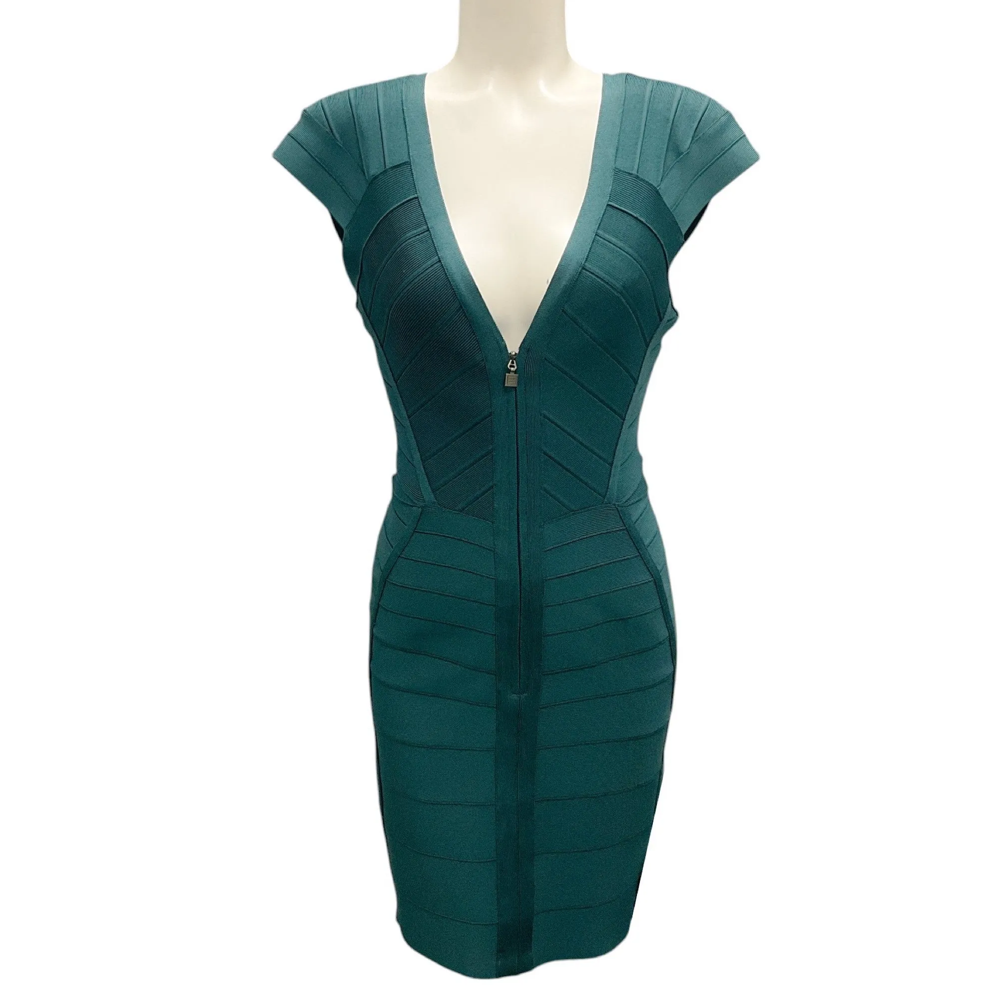 Herve Leger Dark Teal Zip Front Bandage Dress