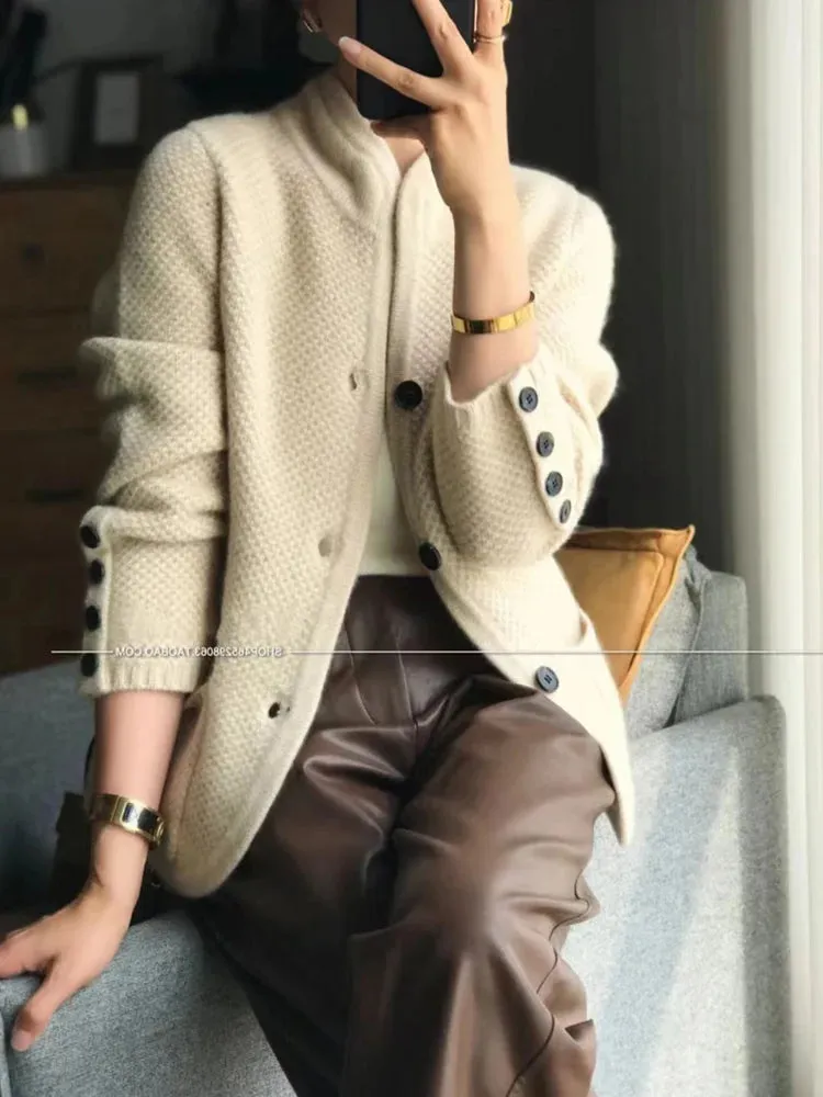 High-end Cashmere Wool Long Sleeve Half High Collar Cardigan