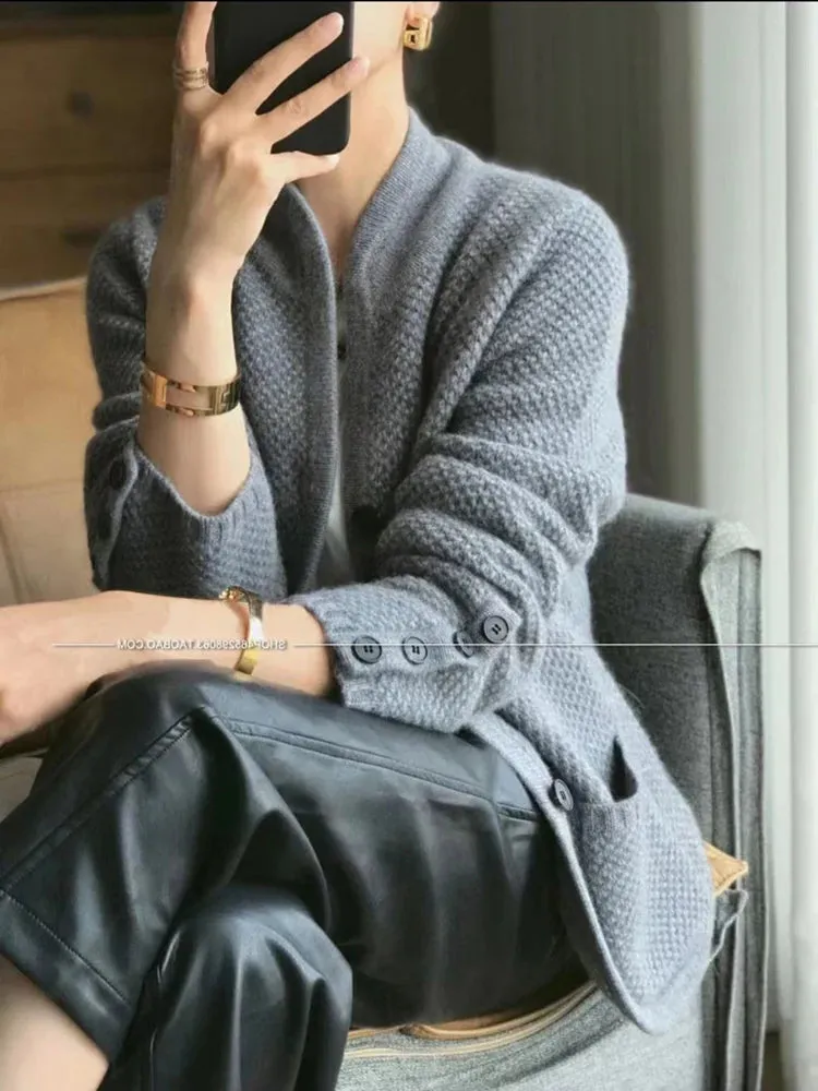 High-end Cashmere Wool Long Sleeve Half High Collar Cardigan