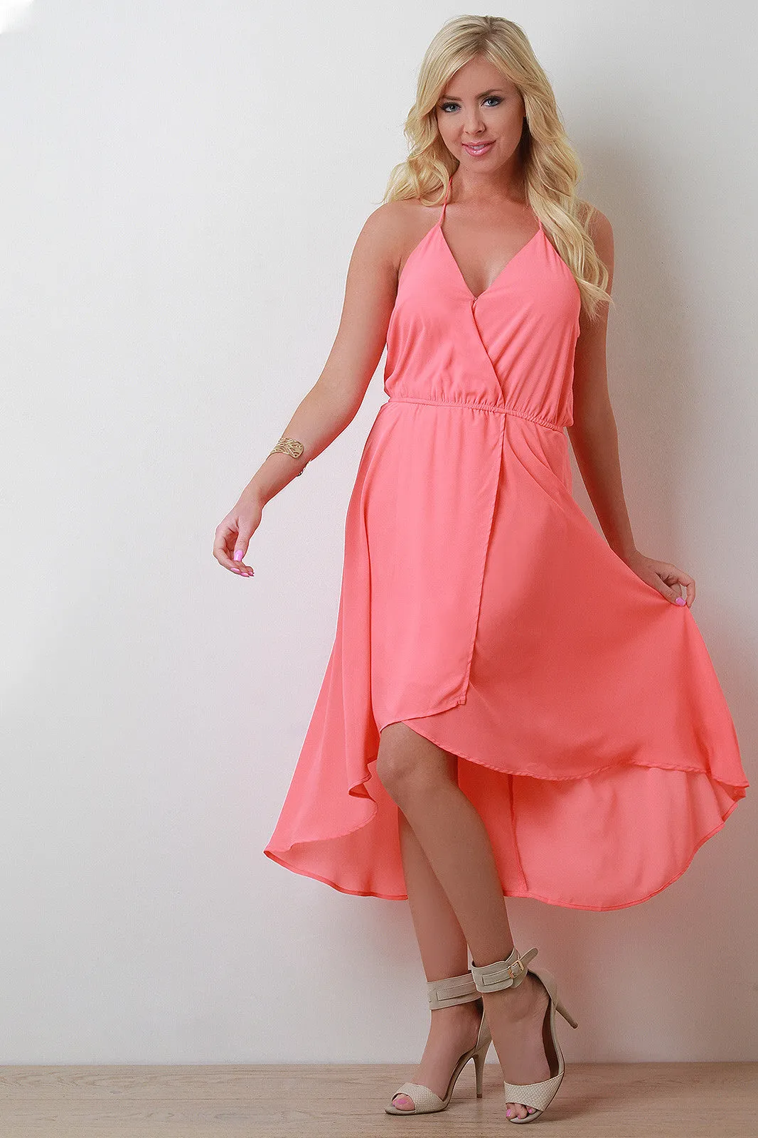 High Low Tulip Hem Chiffon Halter Dress