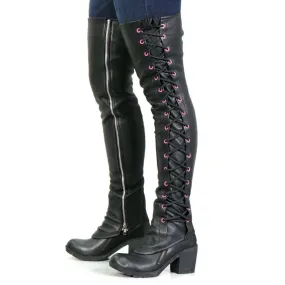 Hot Leathers LCU1005 Ladies Black Lambskin Leather Leggings with Pink