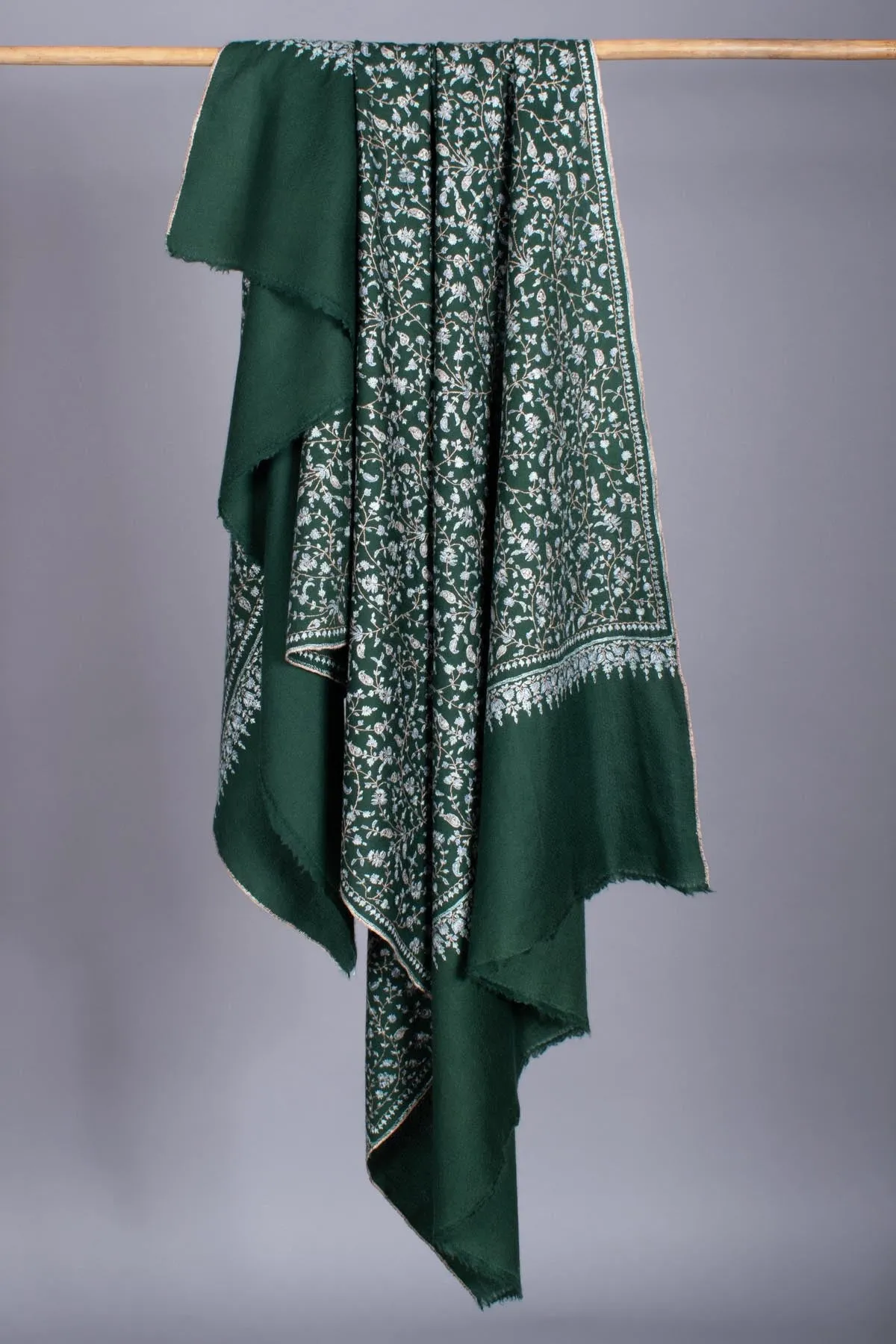 Hunter Green Sozni Jaal Embroidered Pashmina - HAMILTON