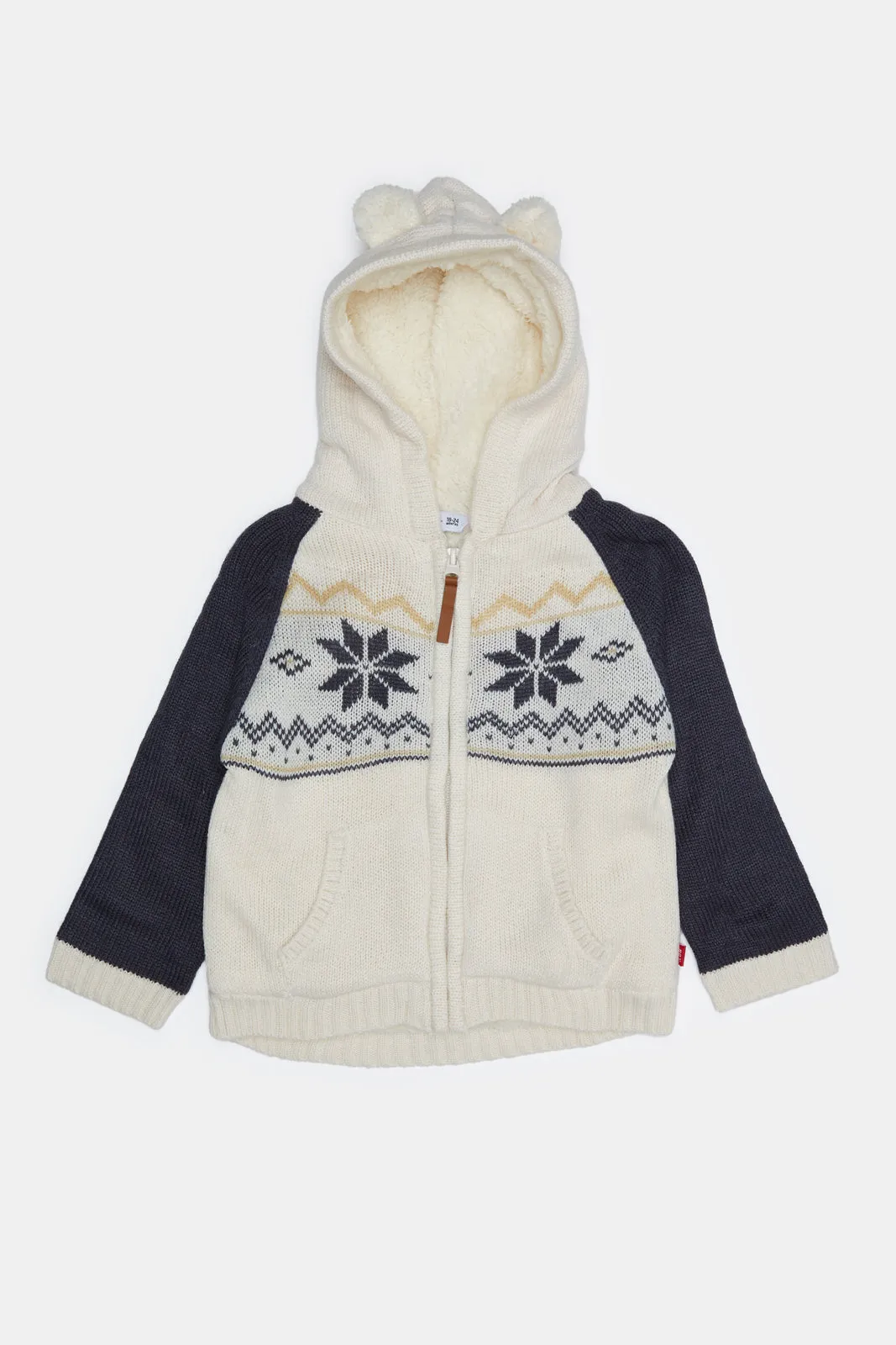 Infant Boys White And Navy Hoody Intarsia Sherpa Cardigan