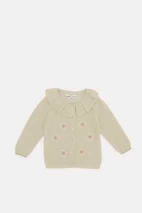 Infant Girls Beige Flower Embroidered Cardigan