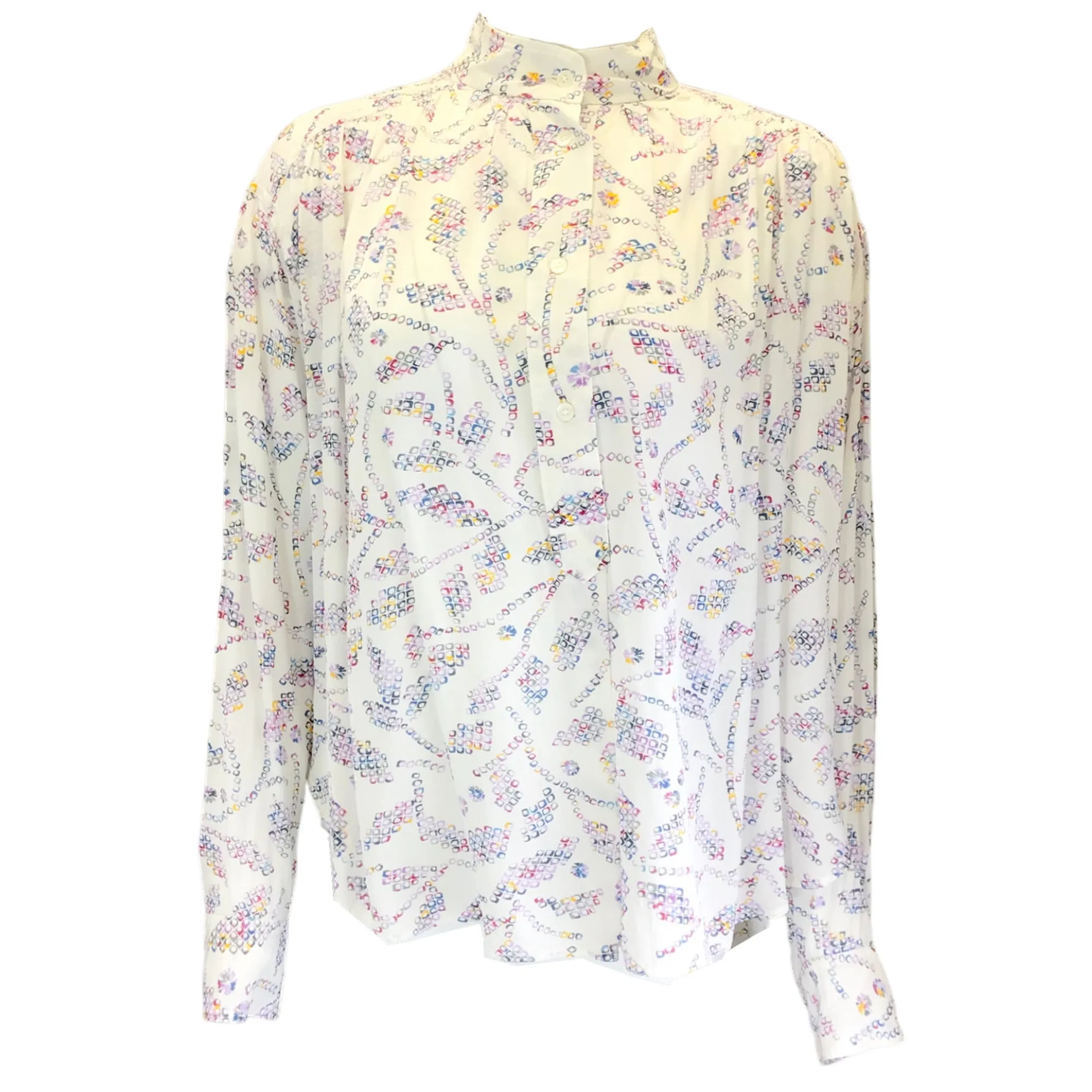 Isabel Marant Etoile White Multi Berangere Print Long Sleeved Crepe Top in Ecru