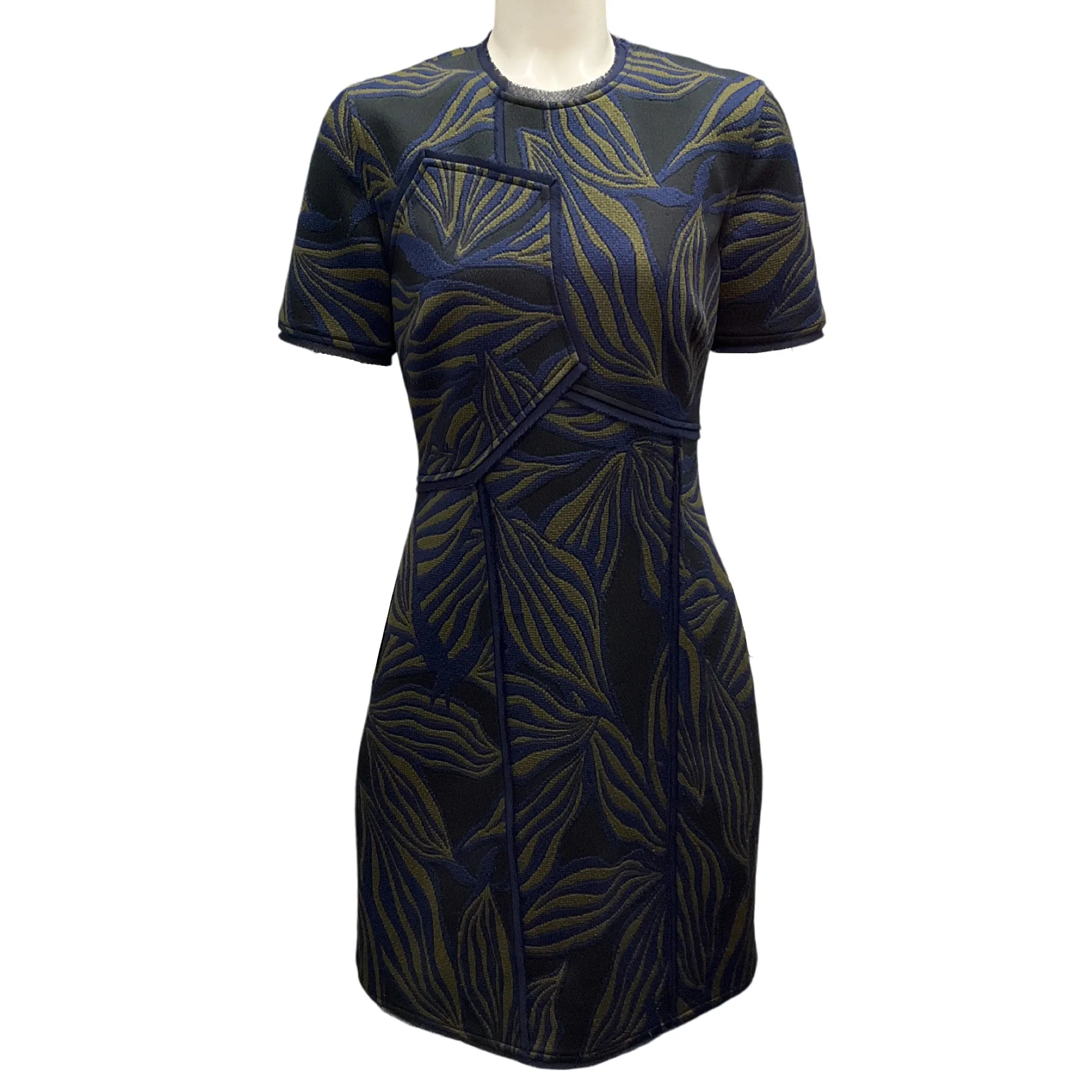 Jason Wu Navy Blue / Olive Green Short Sleeved Textured Dress