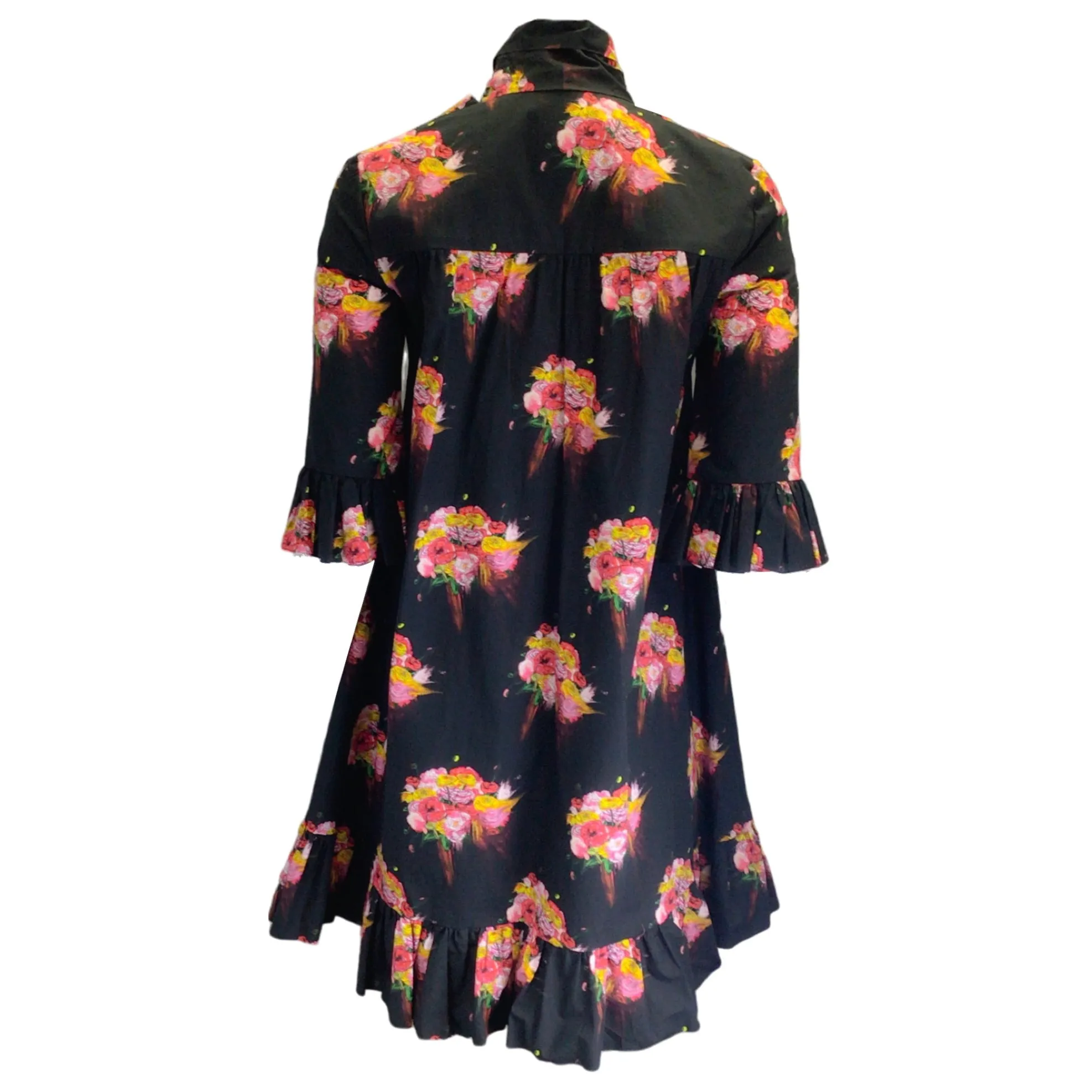 Jonathan Cohen Black Multi Floral Printed Tie-Neck Cotton Dress