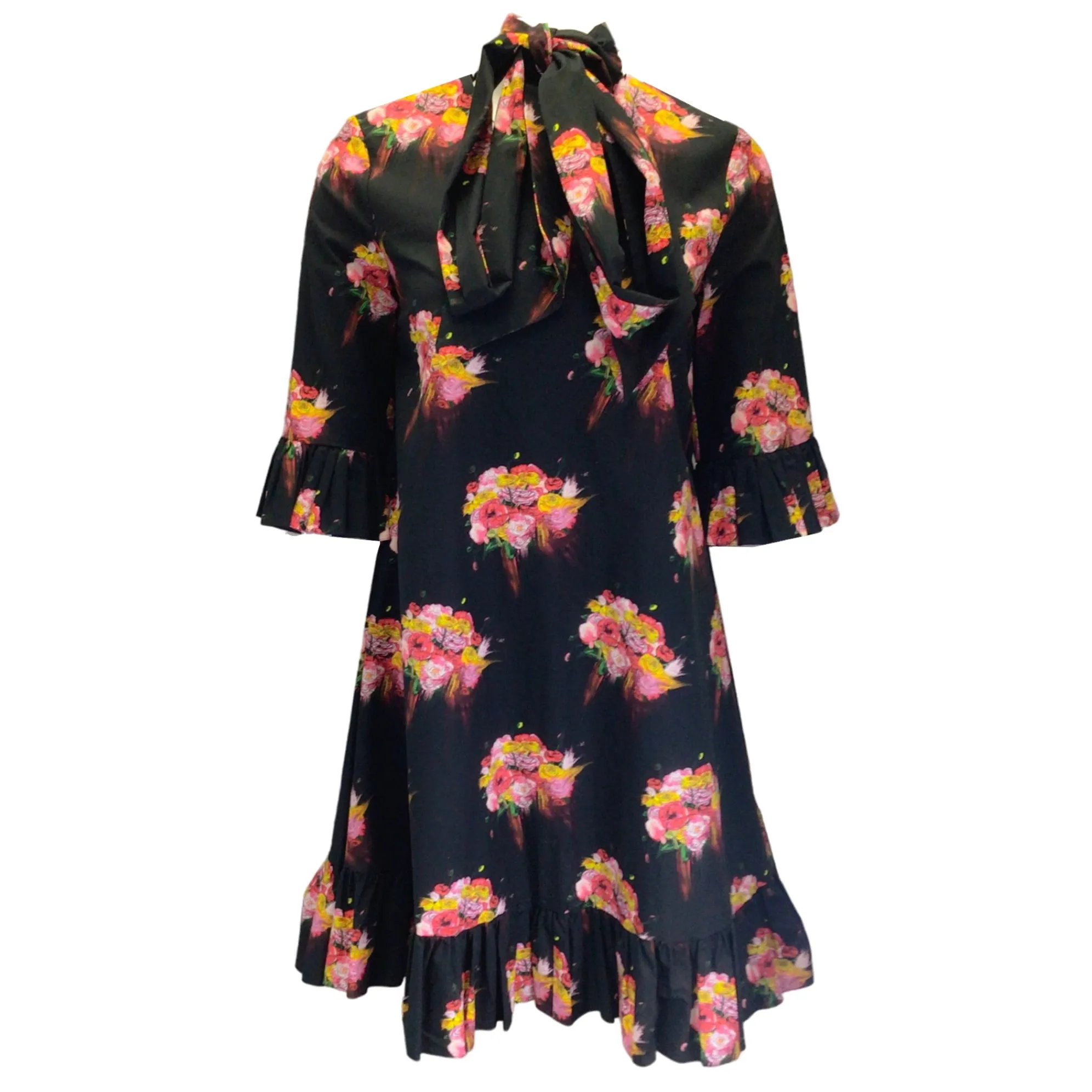 Jonathan Cohen Black Multi Floral Printed Tie-Neck Cotton Dress