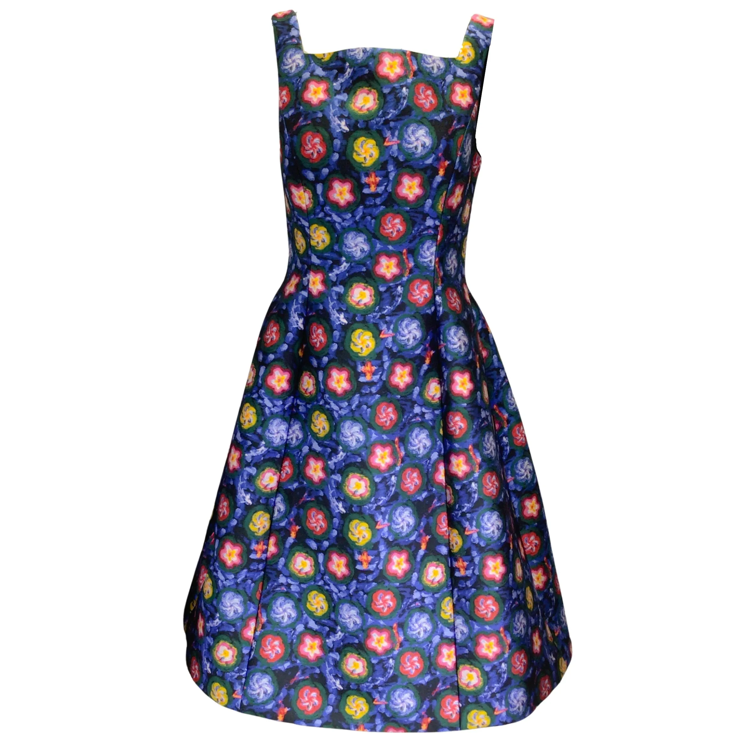 Jonathan Cohen Blue Multi Floral Printed Sleeveless A-Line Dress