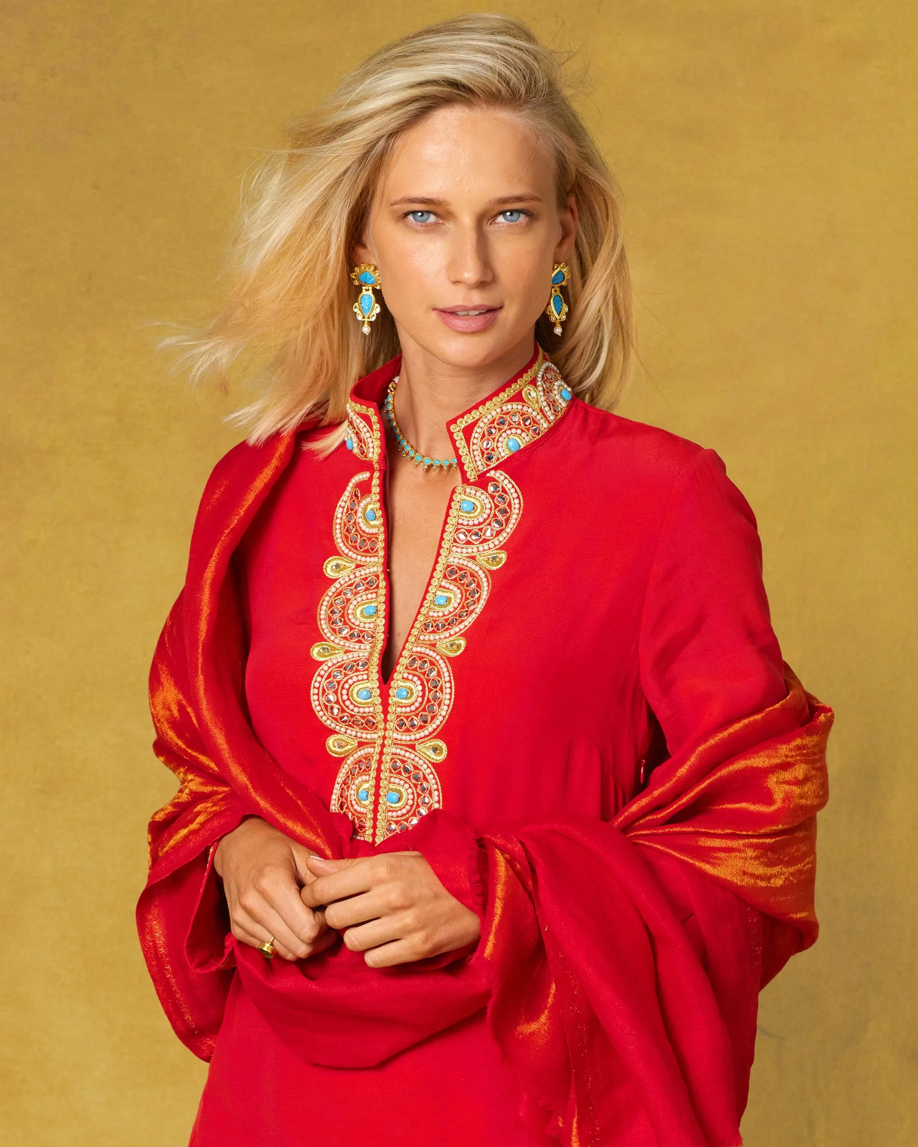 Josephine Reversible Pashmina Shawl in Gold Shimmer Red