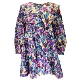 Kika Vargas Purple Multi Printed Ruffled Long Sleeved Cotton Dress