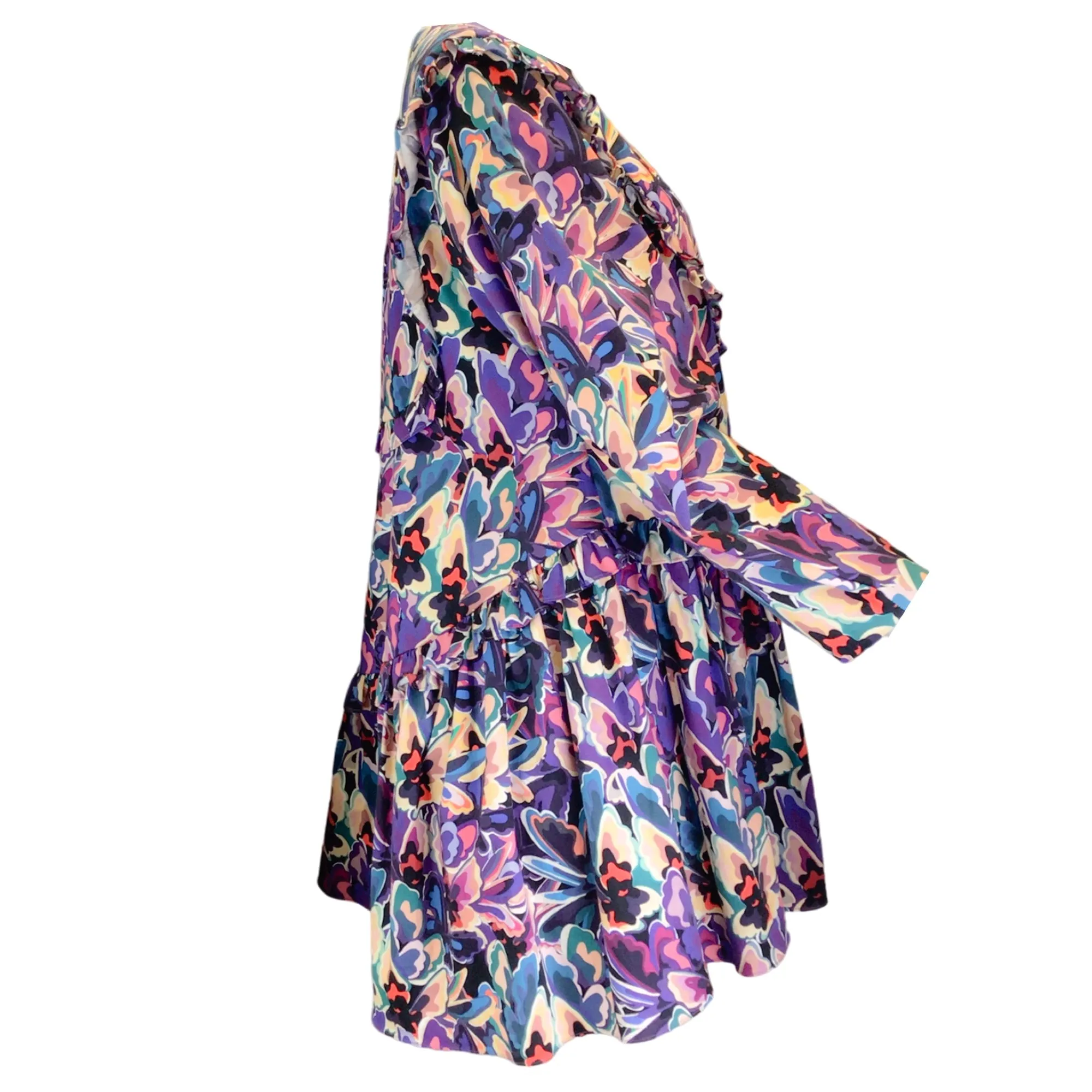 Kika Vargas Purple Multi Printed Ruffled Long Sleeved Cotton Dress