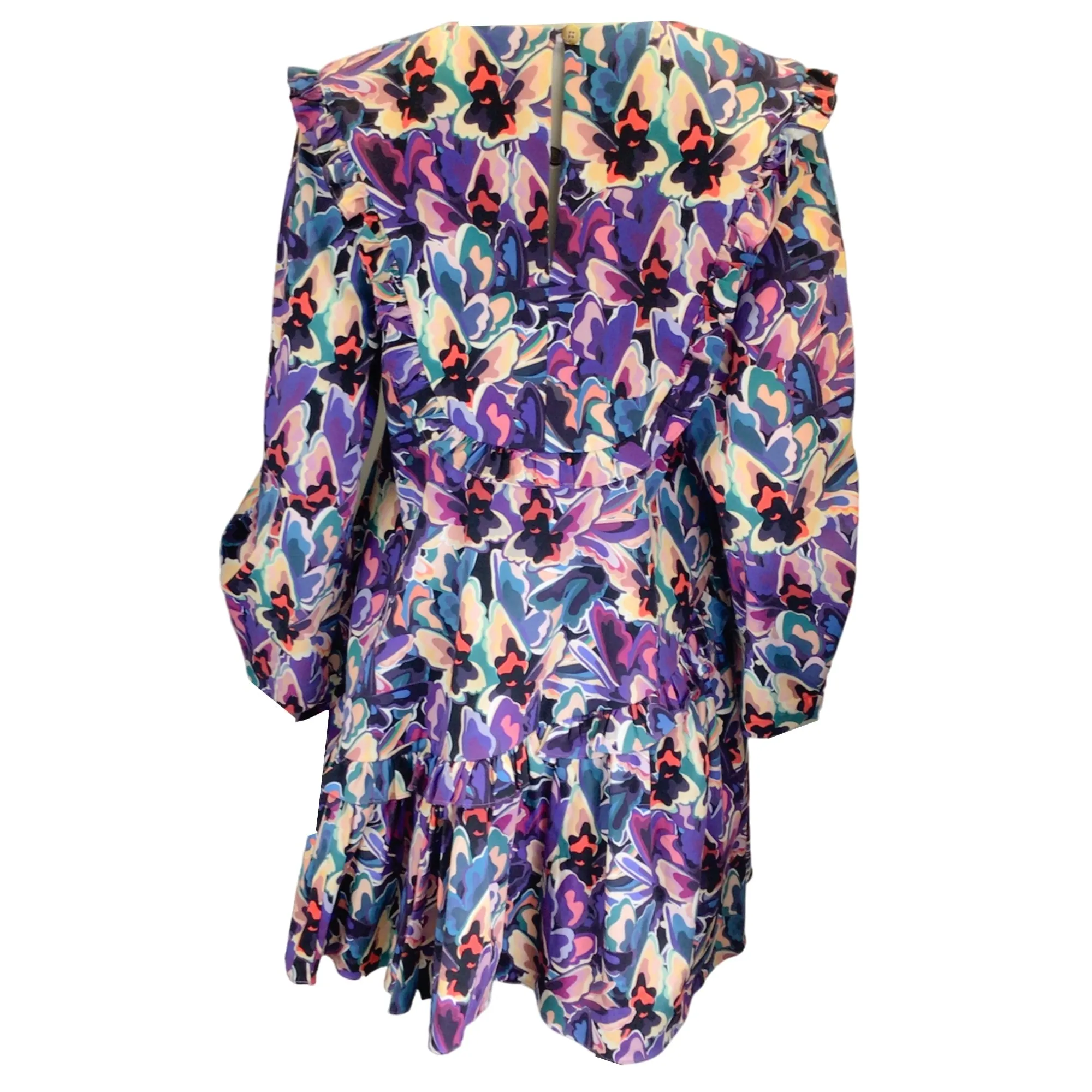 Kika Vargas Purple Multi Printed Ruffled Long Sleeved Cotton Dress