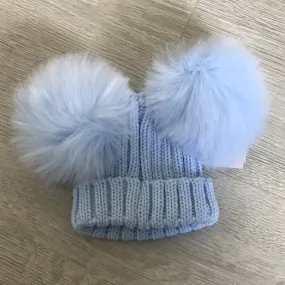 Kinder Faux Fur Double Pompom Ribbed Hat Baby Blue