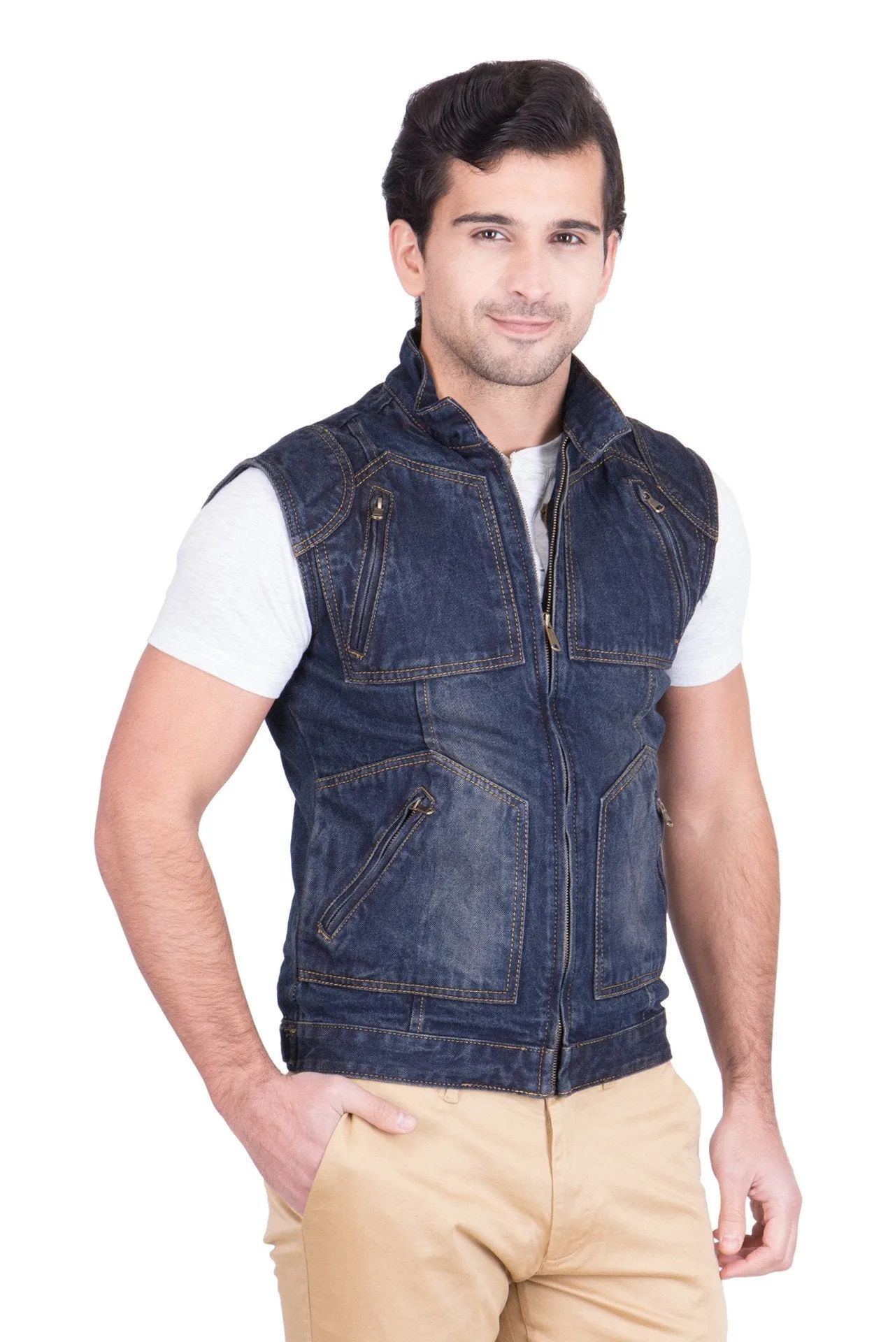 Krossstitch Sleeveless Dark Blue Men's Denim Jacket with Zipper