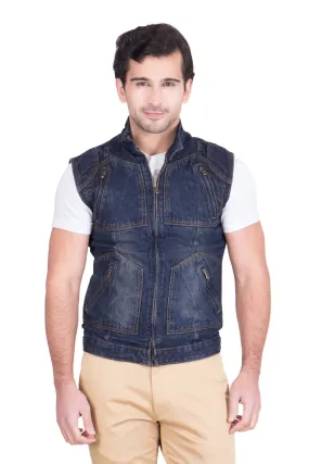 Krossstitch Sleeveless Dark Blue Men's Denim Jacket with Zipper