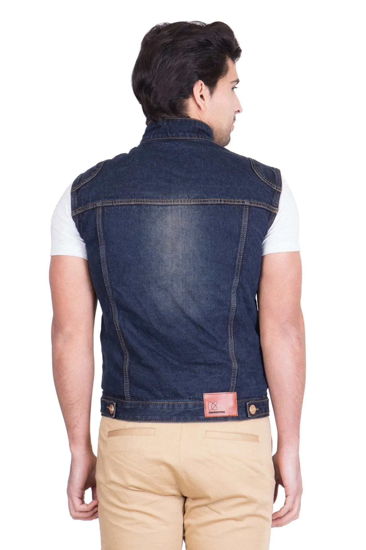 Krossstitch Sleeveless Dark Blue Men's Denim Jacket with Zipper