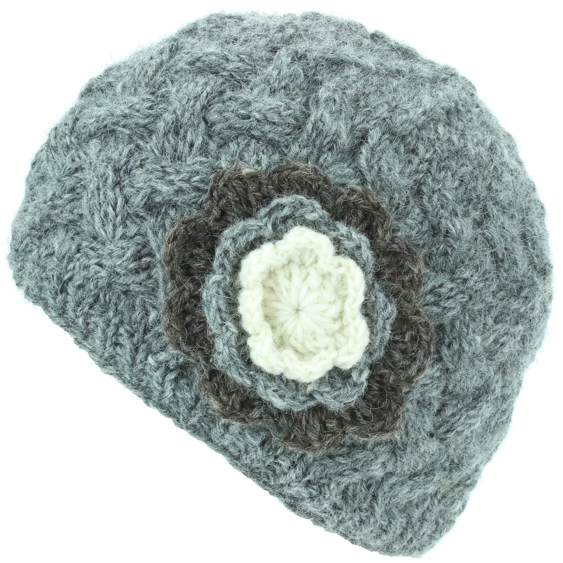 Ladies Wool Cable Knit Beanie Hat with Contrast Flower - Grey