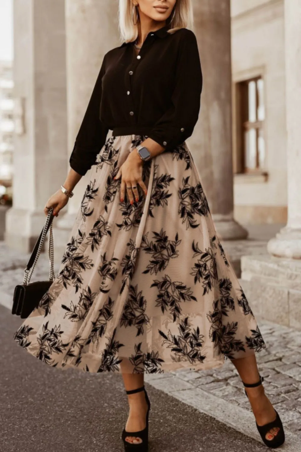 Leaf Elastic Waist Midi Skirt