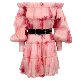 Leo Lin Pink Off Shoulder Leila Tiered Belted Dress