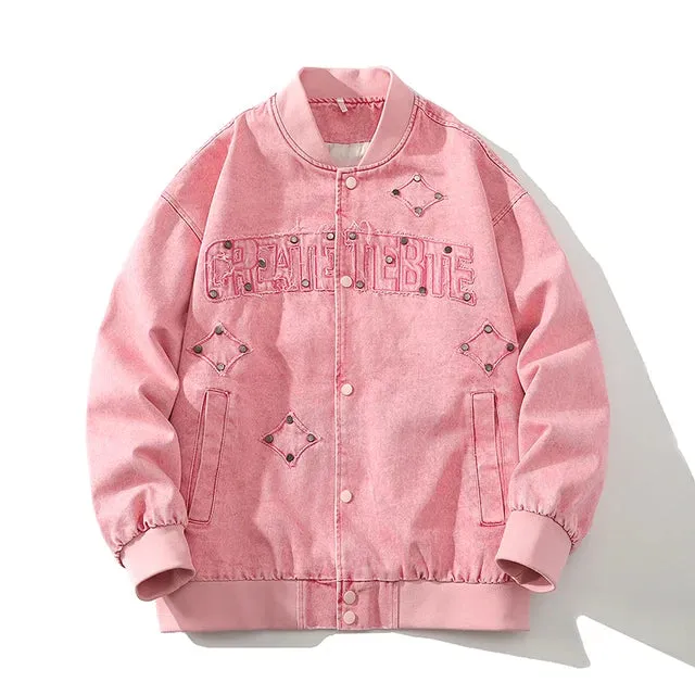 Letter Embroidery Button Decor Jacket